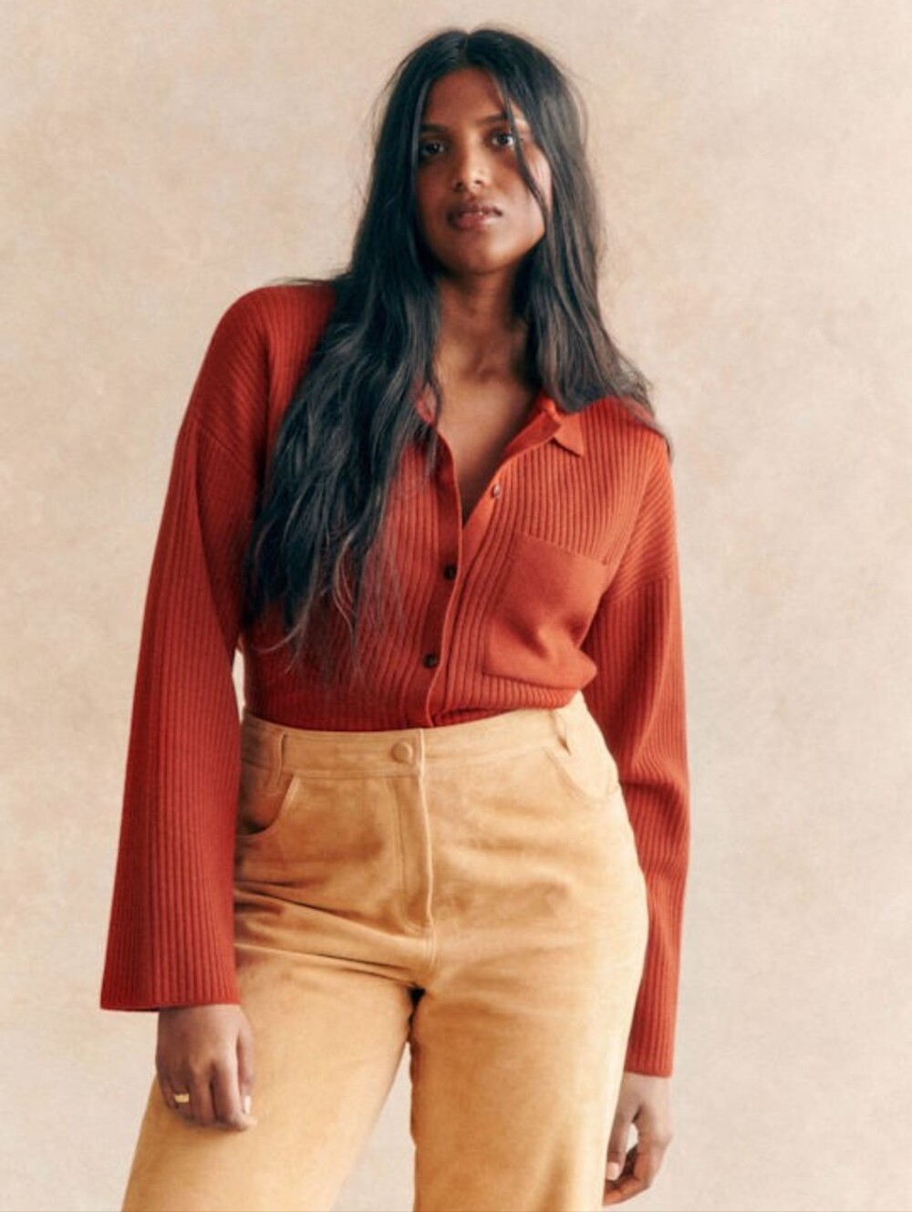 Sézane Liya Cardigan Rust 100% Merino Wool Collared Cropped Sweater M
